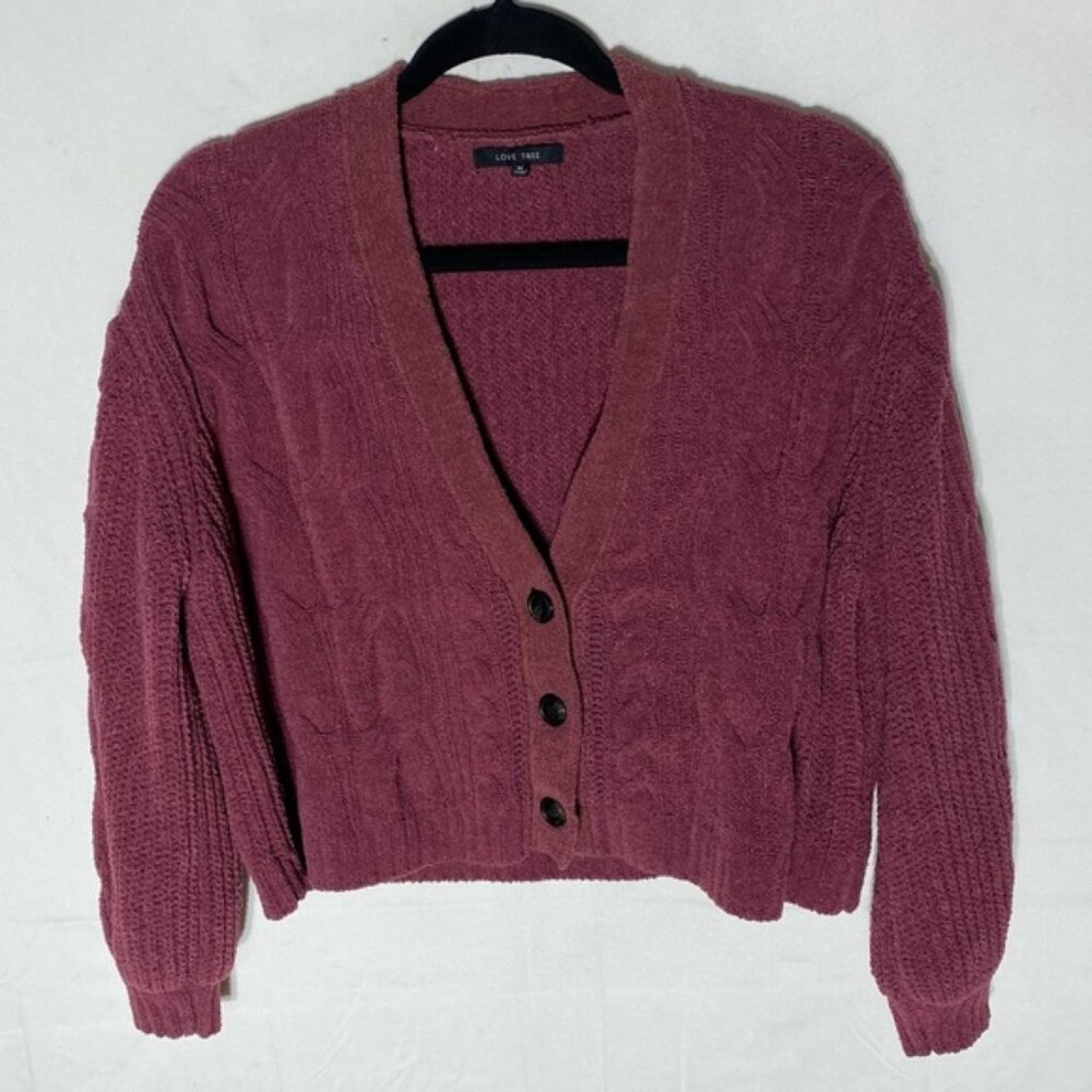 SOLD-Love Tree Raspberry Chenille Cropped Cable Knit Cardigan Sweater M